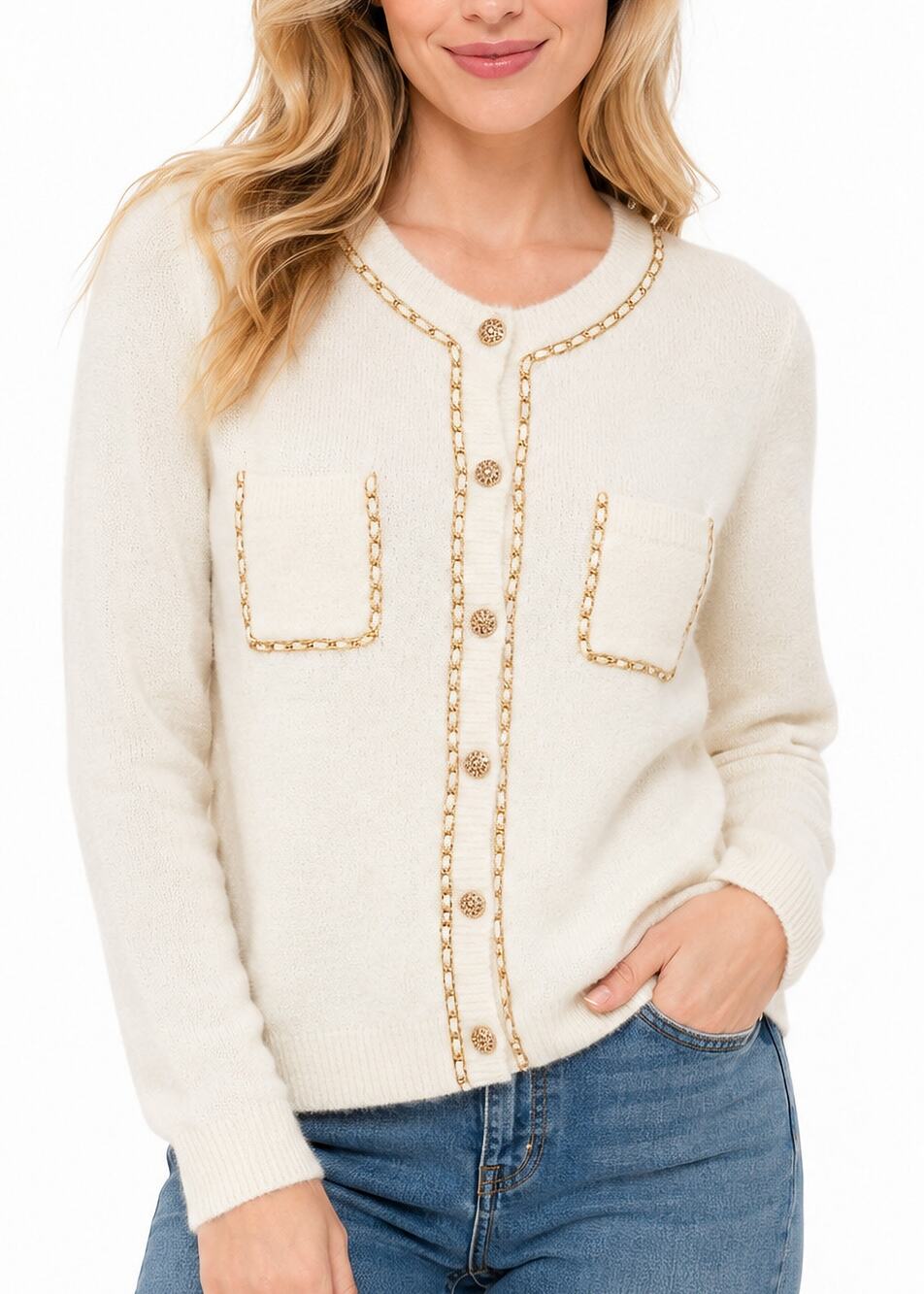 Nanette Lepore White Cardigan Size M Gold Chain Trim Knit Jacket Country Club